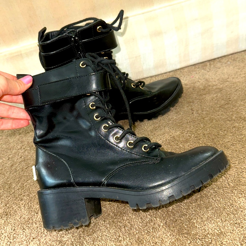 Juicy Couture Combat Booties, Black Faux-Leather with Gold Emblem Detail